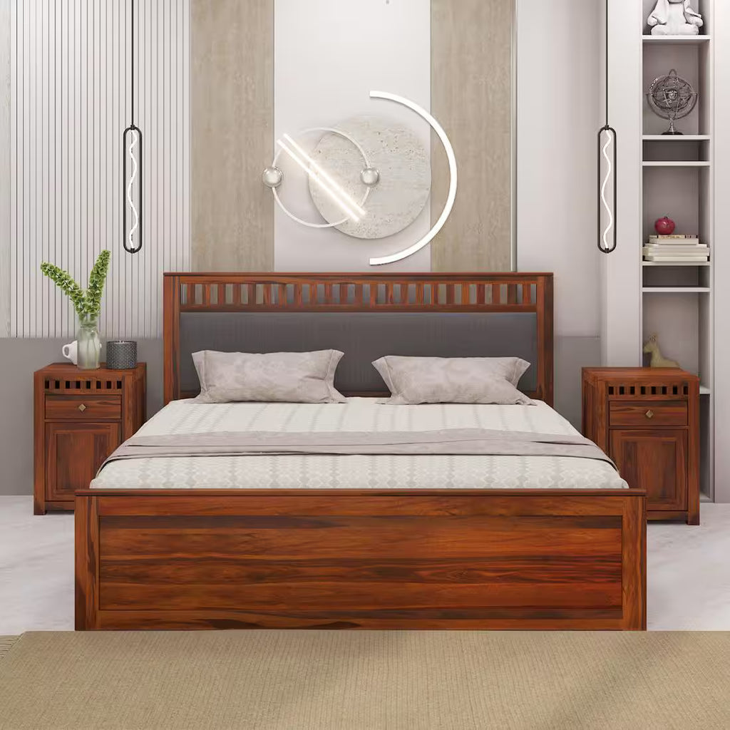 Rjart Sheesham Solid Wood Bed In Hydraulic Storage Bed In Honey Oak Finish