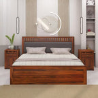 Rjart Sheesham Solid Wood Bed In Hydraulic Storage Bed In Honey Oak Finish