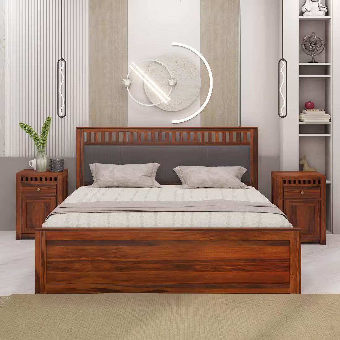 Rjart Sheesham Solid Wood Bed In Hydraulic Storage Bed In Honey Oak Finish