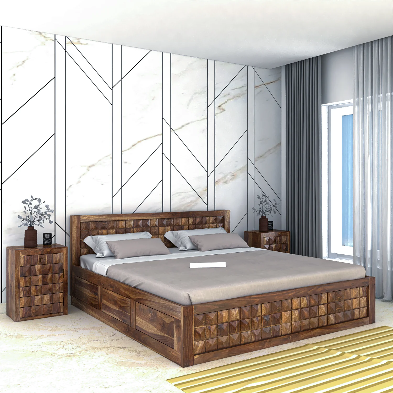 Treso Diamond Solid Sheesham Wood Full Box Storage Bed - 3 Years Warranty