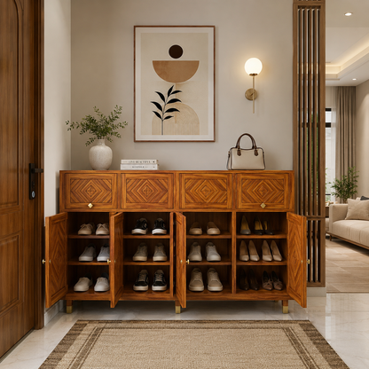Wooden Rattan Shoe Rack Cabinet with Enclosed Storage
