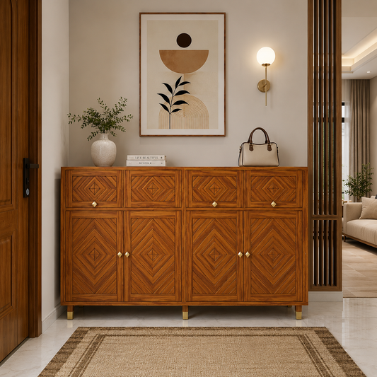Wooden Rattan Shoe Rack Cabinet with Enclosed Storage
