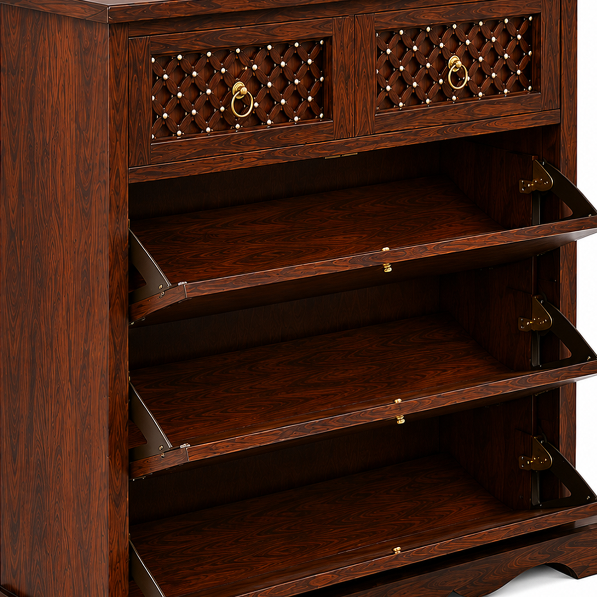 The RJ Art Sheesham Wood Shoe Rack Cabinet with Drawer Storage and Walnut Finish