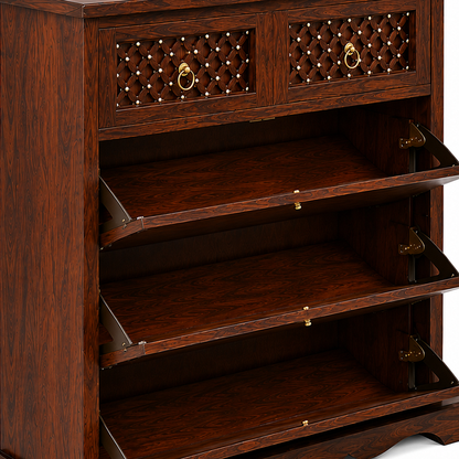 The RJ Art Sheesham Wood Shoe Rack Cabinet with Drawer Storage and Walnut Finish