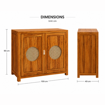 The RJ Art Sheesham Wood Shoe Rack Cabinet with Cane Panel Doors and Spacious Storage
