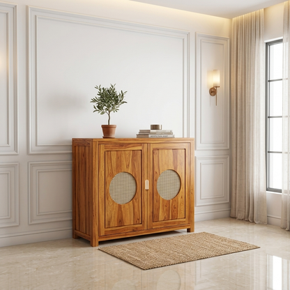 The RJ Art Sheesham Wood Shoe Rack Cabinet with Cane Panel Doors and Spacious Storage