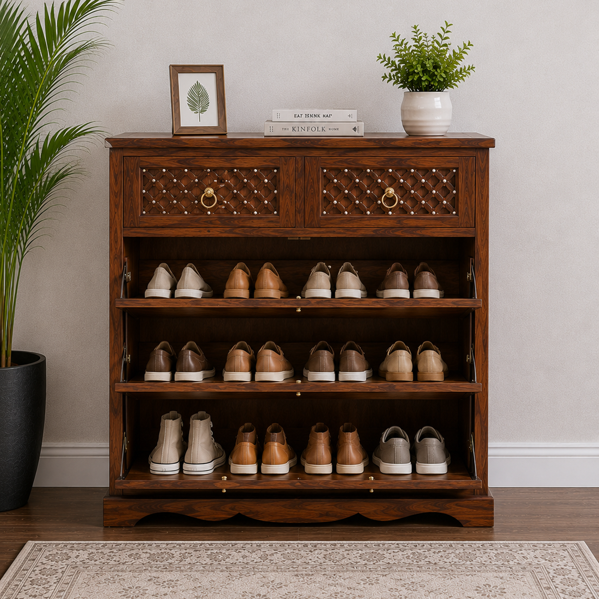 The RJ Art Sheesham Wood Shoe Rack Cabinet with Drawer Storage and Walnut Finish