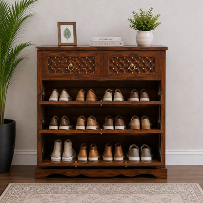 The RJ Art Sheesham Wood Shoe Rack Cabinet with Drawer Storage and Walnut Finish