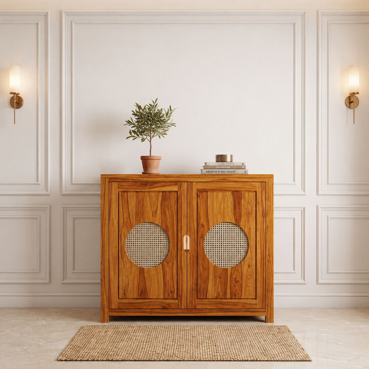 The RJ Art Sheesham Wood Shoe Rack Cabinet with Cane Panel Doors and Spacious Storage