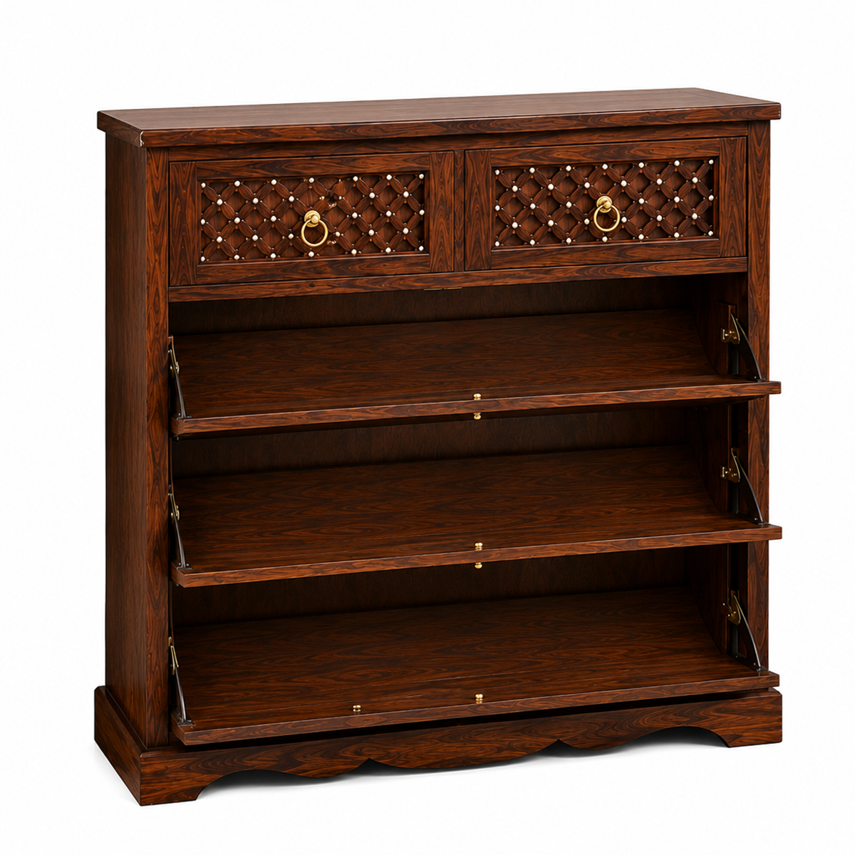 The RJ Art Sheesham Wood Shoe Rack Cabinet with Drawer Storage and Walnut Finish