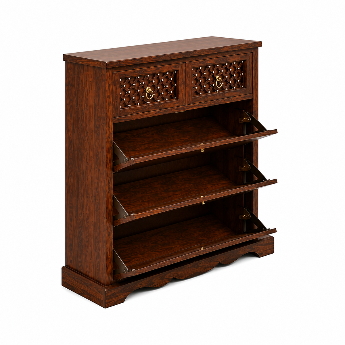 The RJ Art Sheesham Wood Shoe Rack Cabinet with Drawer Storage and Walnut Finish