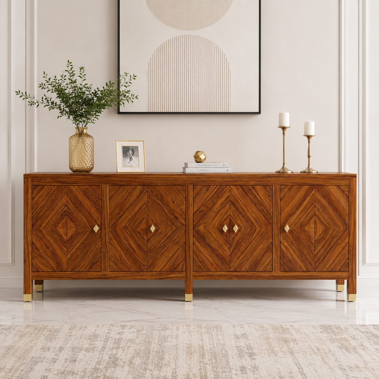 Wooden Rattan Sideboard Cabinet with Natural Cane Doors
