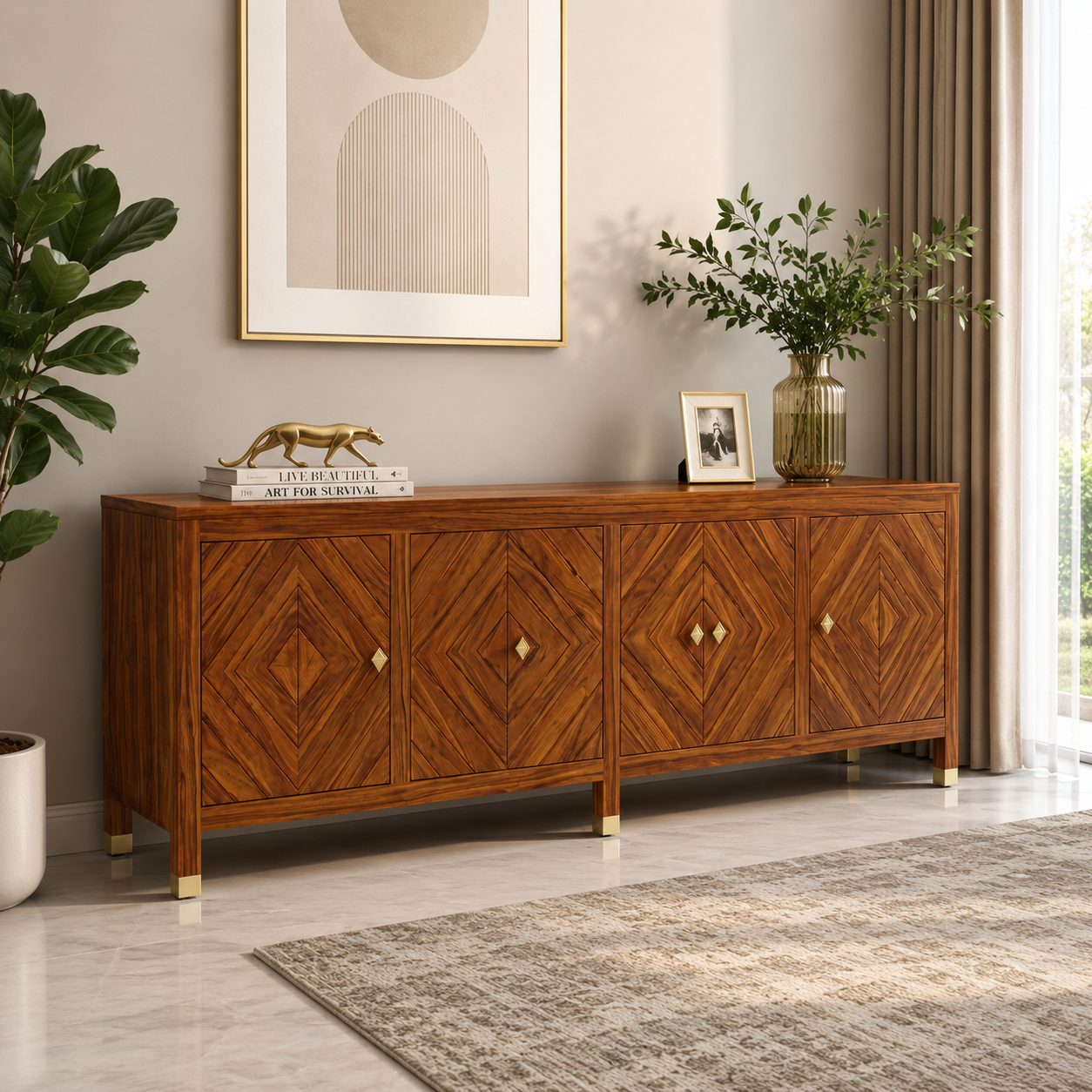 Wooden Rattan Sideboard Cabinet with Natural Cane Doors
