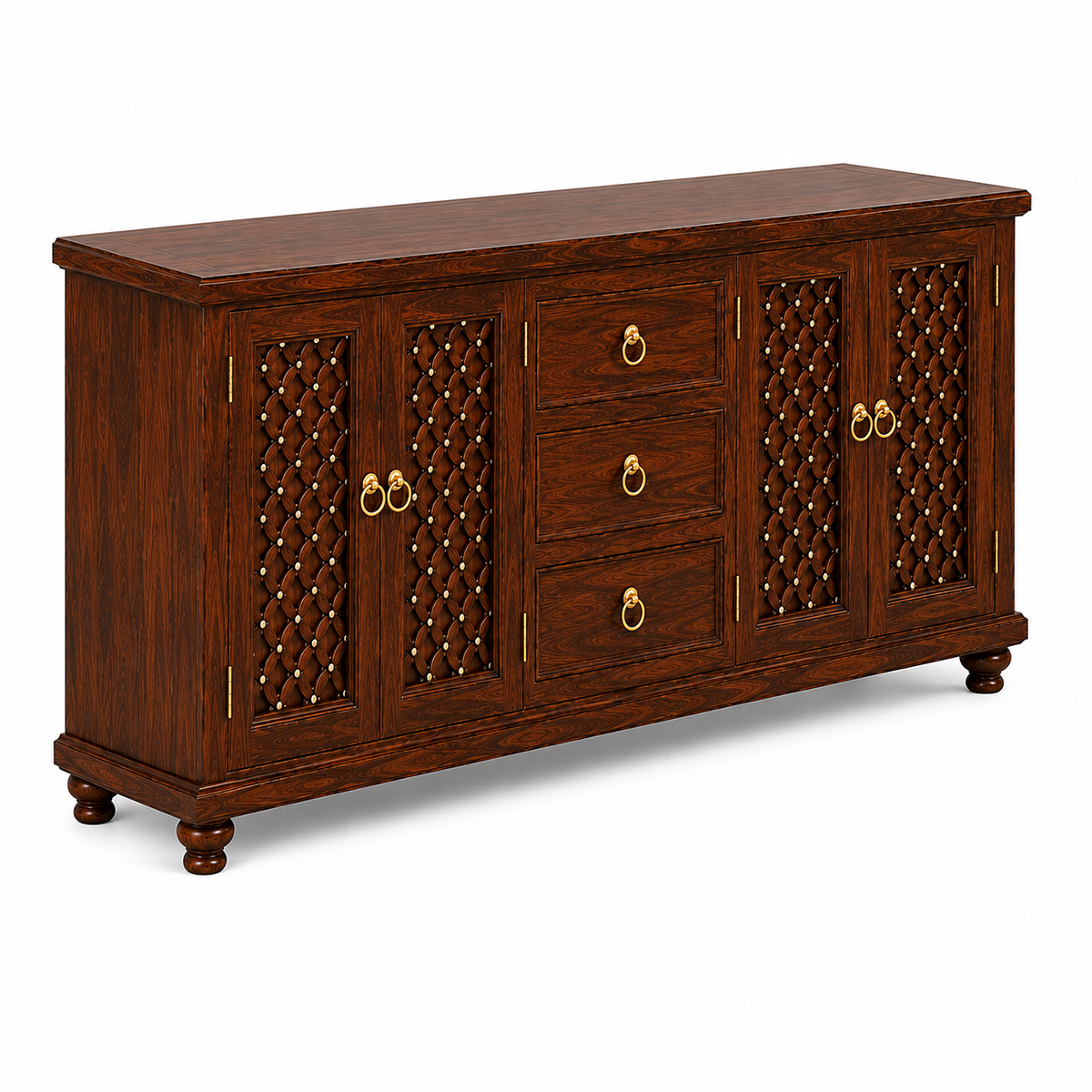 The RJ Art Sheesham Wood Sideboard Cabinet with Drawers and Decorative Storage Doors