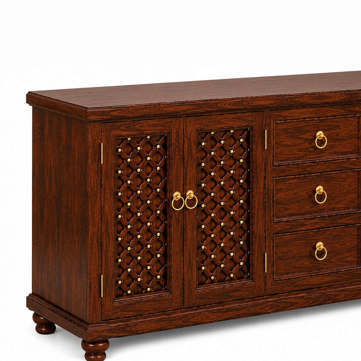 The RJ Art Sheesham Wood Sideboard Cabinet with Drawers and Decorative Storage Doors