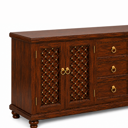 The RJ Art Sheesham Wood Sideboard Cabinet with Drawers and Decorative Storage Doors