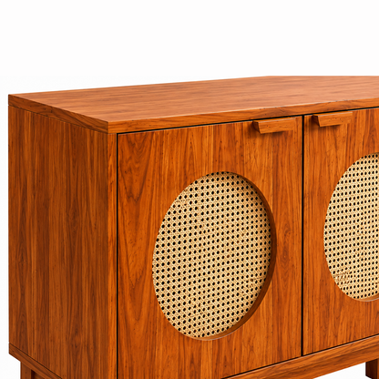The RJ Art Sheesham Wood Sideboard Cabinet with Four Cane Panel Doors and Spacious Storage