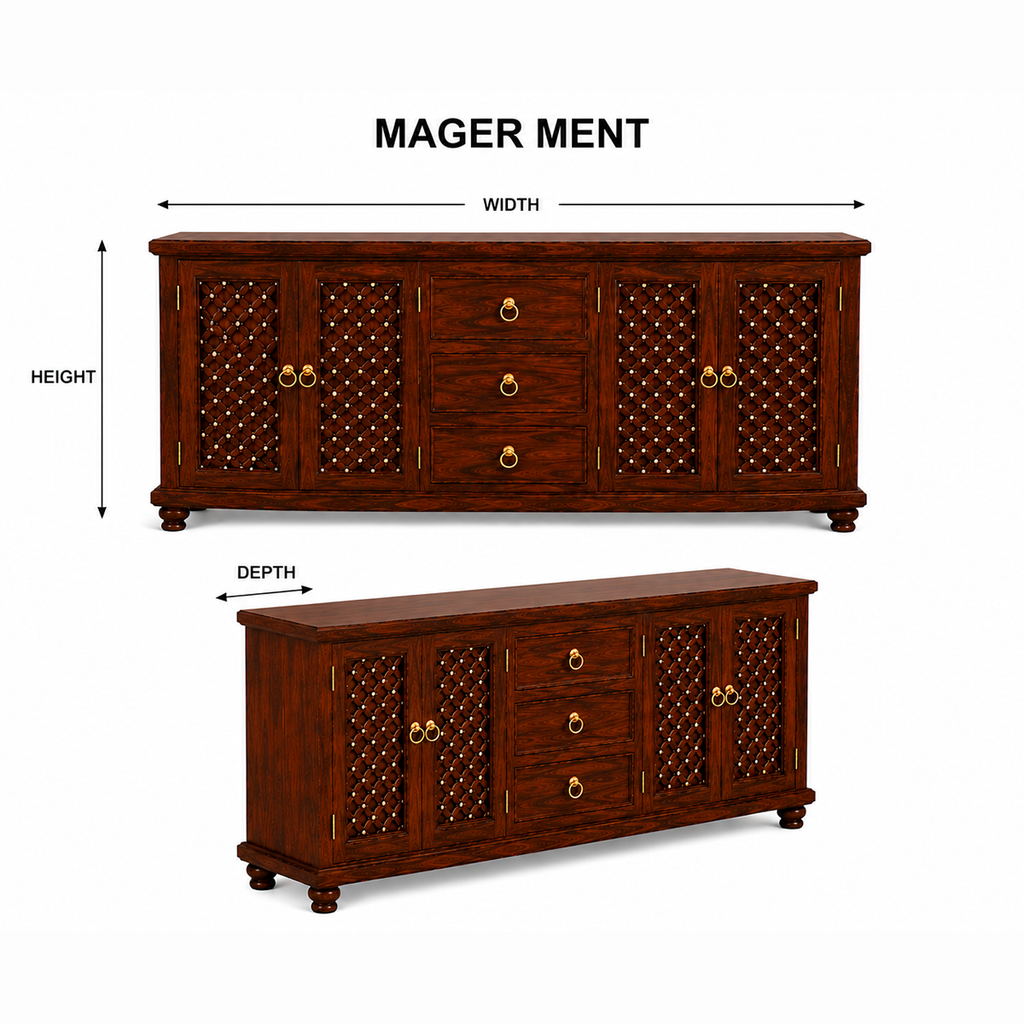 The RJ Art Sheesham Wood Sideboard Cabinet with Drawers and Decorative Storage Doors
