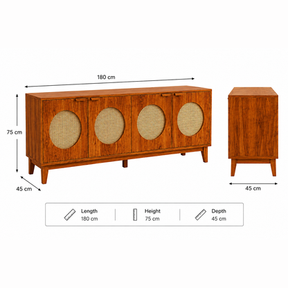 The RJ Art Sheesham Wood Sideboard Cabinet with Four Cane Panel Doors and Spacious Storage