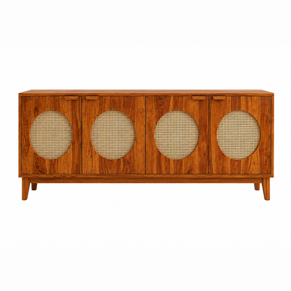 The RJ Art Sheesham Wood Sideboard Cabinet with Four Cane Panel Doors and Spacious Storage