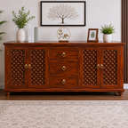 The RJ Art Sheesham Wood Sideboard Cabinet with Drawers and Decorative Storage Doors