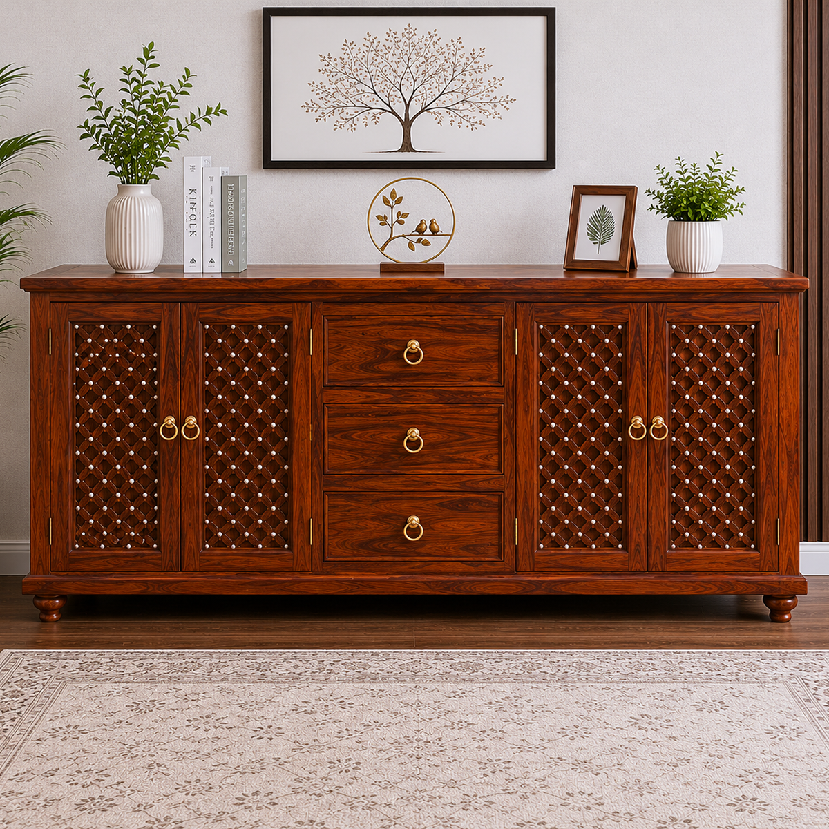 The RJ Art Sheesham Wood Sideboard Cabinet with Drawers and Decorative Storage Doors