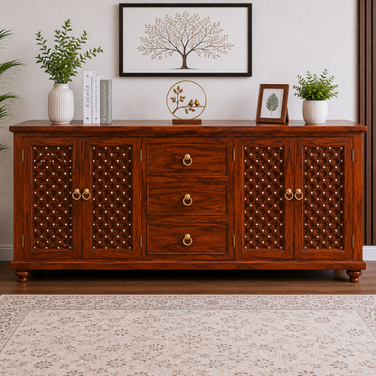 The RJ Art Sheesham Wood Sideboard Cabinet with Drawers and Decorative Storage Doors