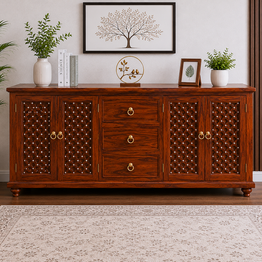 The RJ Art Sheesham Wood Sideboard Cabinet with Drawers and Decorative Storage Doors