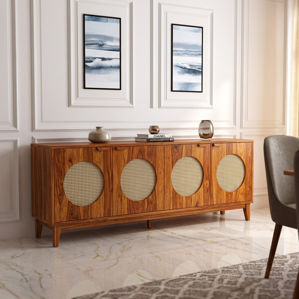 The RJ Art Sheesham Wood Sideboard Cabinet with Four Cane Panel Doors and Spacious Storage