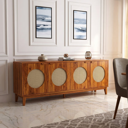 The RJ Art Sheesham Wood Sideboard Cabinet with Four Cane Panel Doors and Spacious Storage