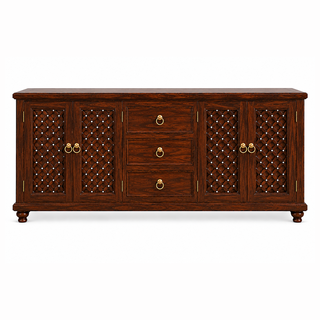 The RJ Art Sheesham Wood Sideboard Cabinet with Drawers and Decorative Storage Doors