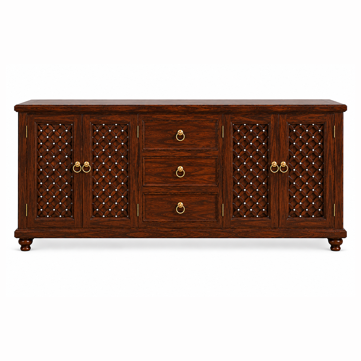 The RJ Art Sheesham Wood Sideboard Cabinet with Drawers and Decorative Storage Doors