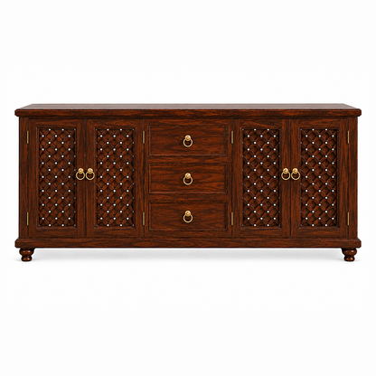 The RJ Art Sheesham Wood Sideboard Cabinet with Drawers and Decorative Storage Doors