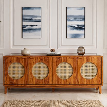 The RJ Art Sheesham Wood Sideboard Cabinet with Four Cane Panel Doors and Spacious Storage