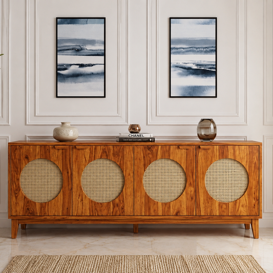 The RJ Art Sheesham Wood Sideboard Cabinet with Four Cane Panel Doors and Spacious Storage