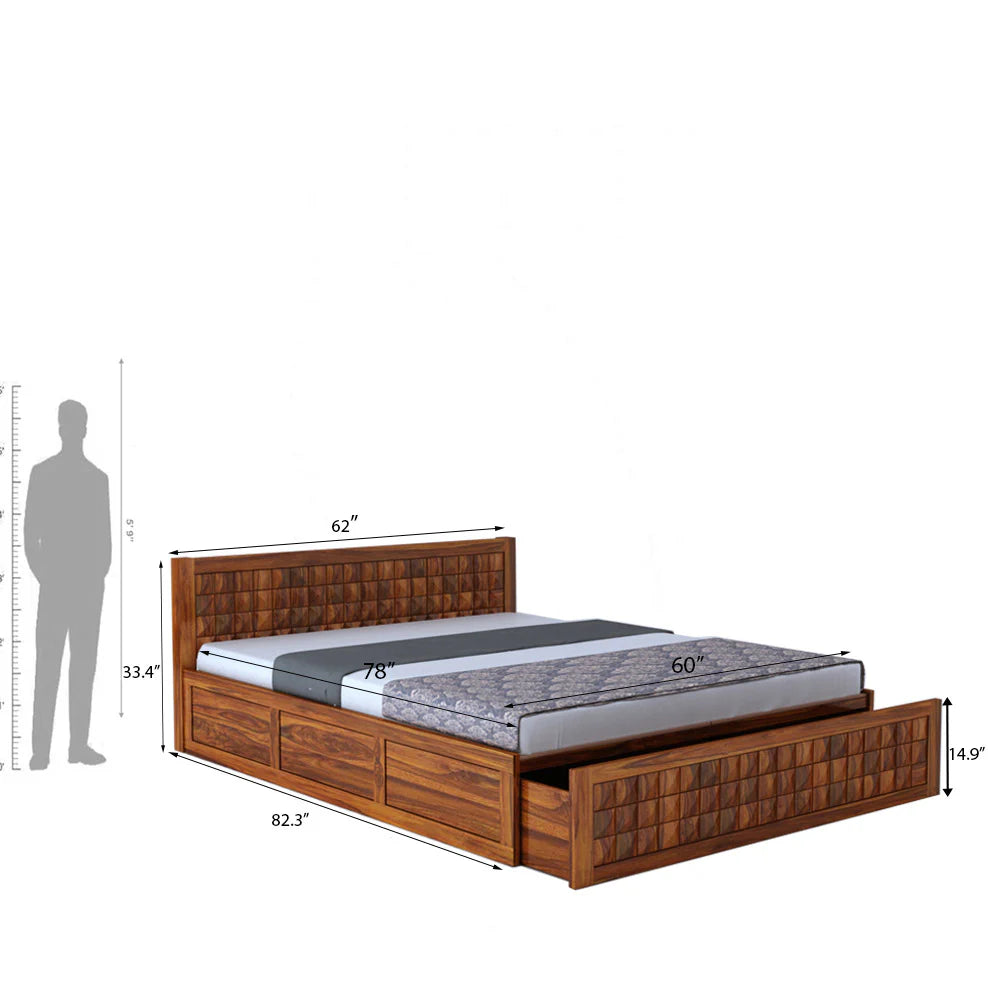 Treso Diamond Sheesham Bed With Half Box And Trolly Storage - 3 Years Warranty