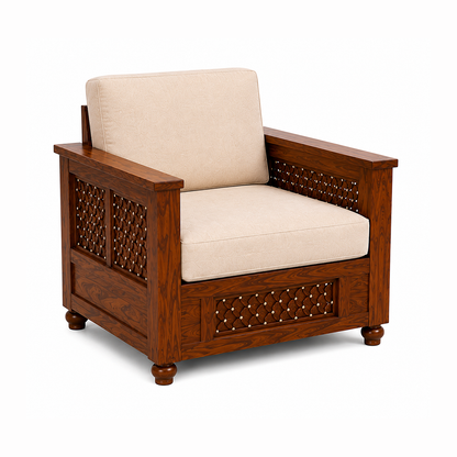 The RJ Art Sheesham Wood 3 Seater Sofa with Cushioned Seating and Walnut Finish