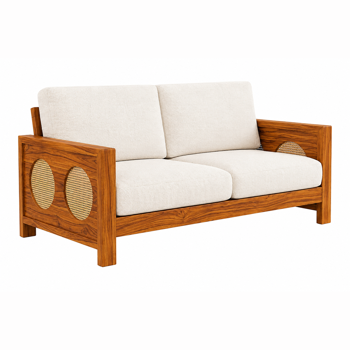 The RJ Art Sheesham Wood 2 Seater Sofa with Cane Panel Armrests and Cream Cushions