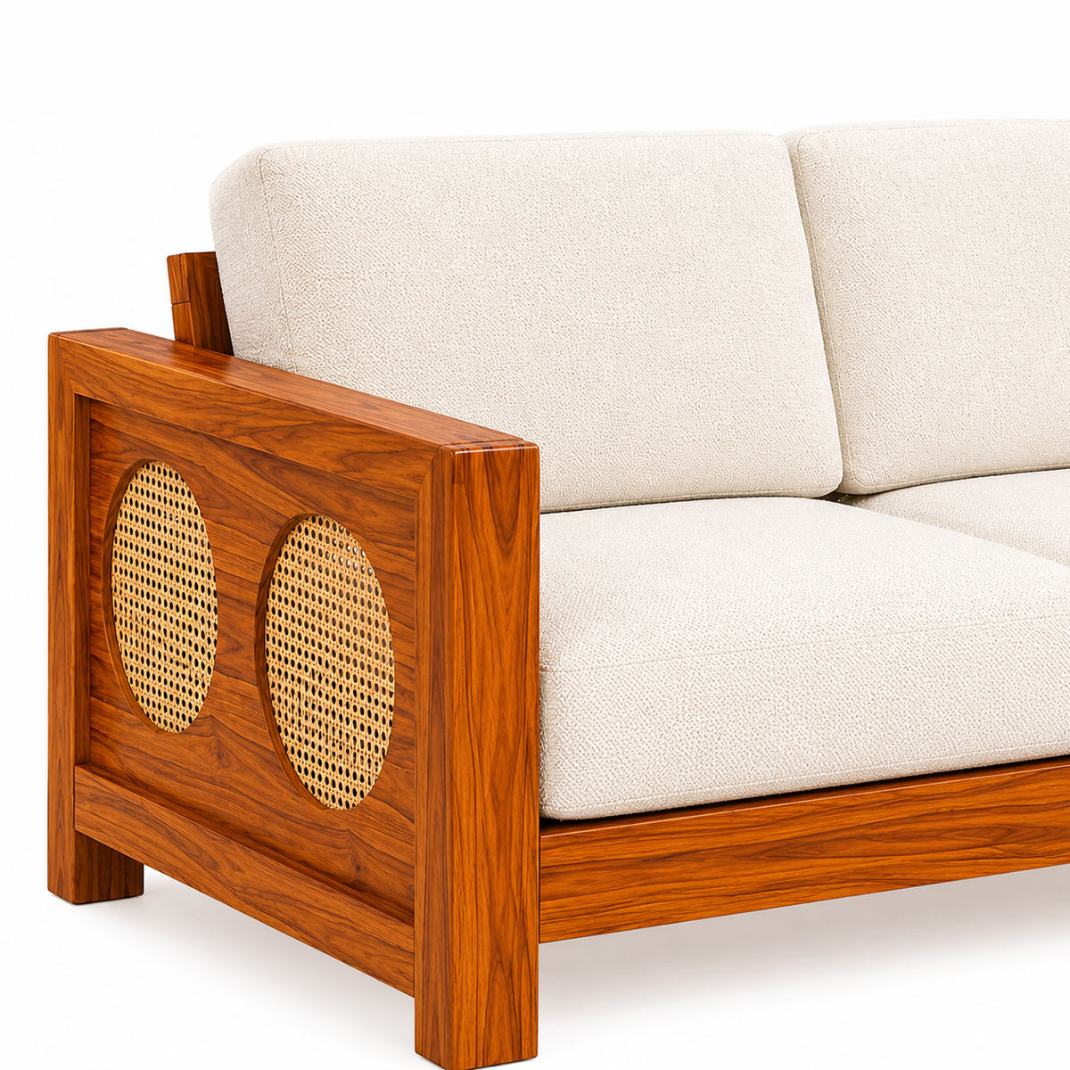 The RJ Art Sheesham Wood 2 Seater Sofa with Cane Panel Armrests and Cream Cushions
