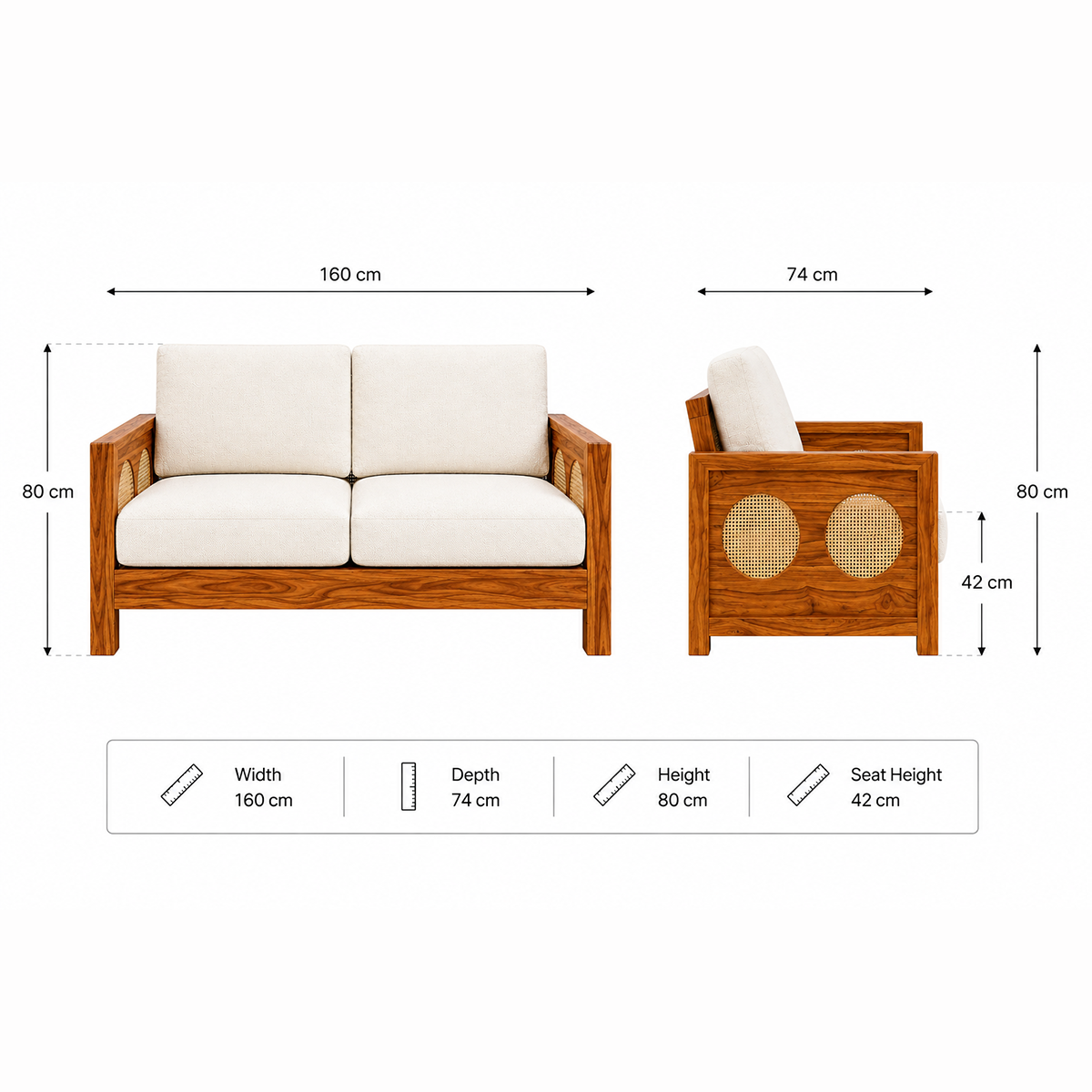 The RJ Art Sheesham Wood 2 Seater Sofa with Cane Panel Armrests and Cream Cushions