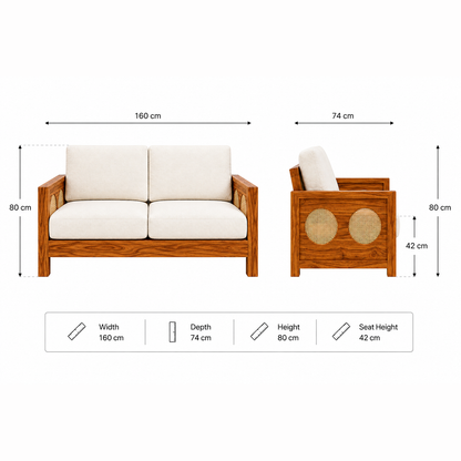 The RJ Art Sheesham Wood 2 Seater Sofa with Cane Panel Armrests and Cream Cushions