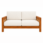 The RJ Art Sheesham Wood 2 Seater Sofa with Cane Panel Armrests and Cream Cushions