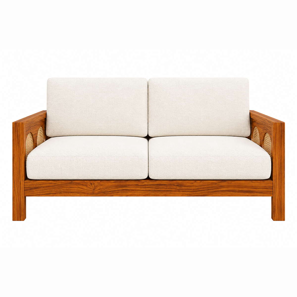 The RJ Art Sheesham Wood 2 Seater Sofa with Cane Panel Armrests and Cream Cushions