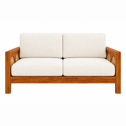 The RJ Art Sheesham Wood 2 Seater Sofa with Cane Panel Armrests and Cream Cushions
