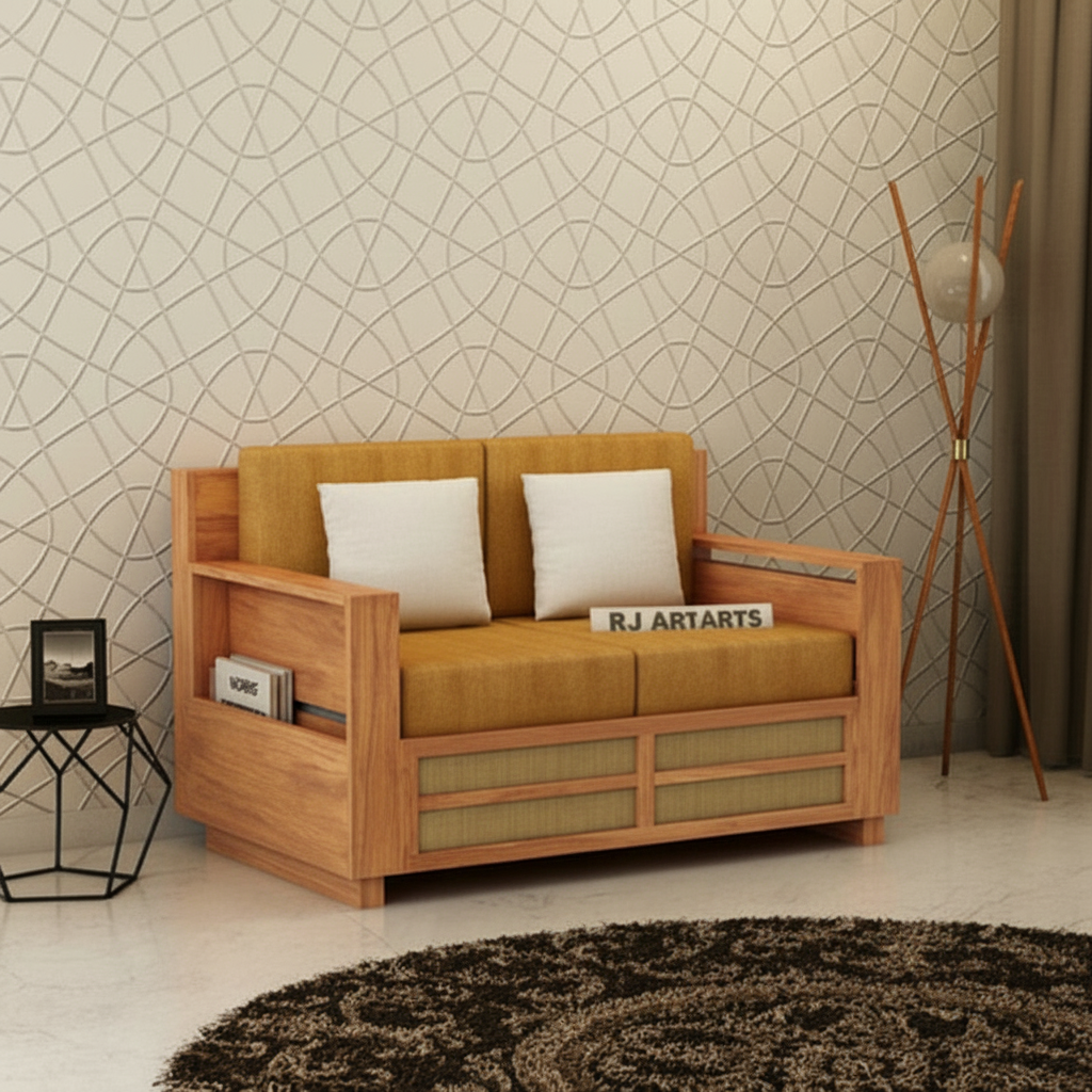 Rjart Syrus Sheesham 2 Seater Sofa With Side Pocket And Cane Design -3 Years Warranty