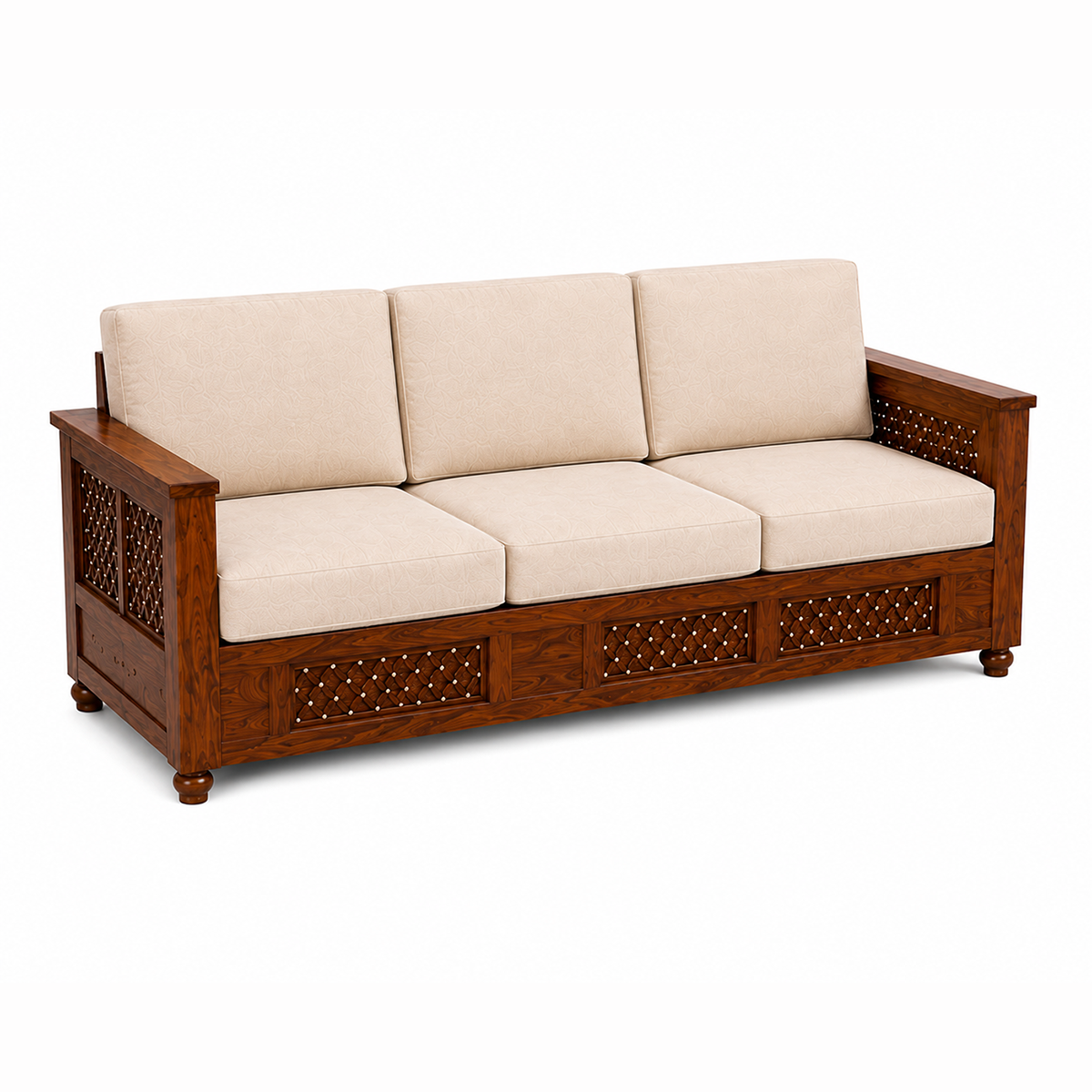 The RJ Art Sheesham Wood 3 Seater Sofa with Cushioned Seating and Walnut Finish