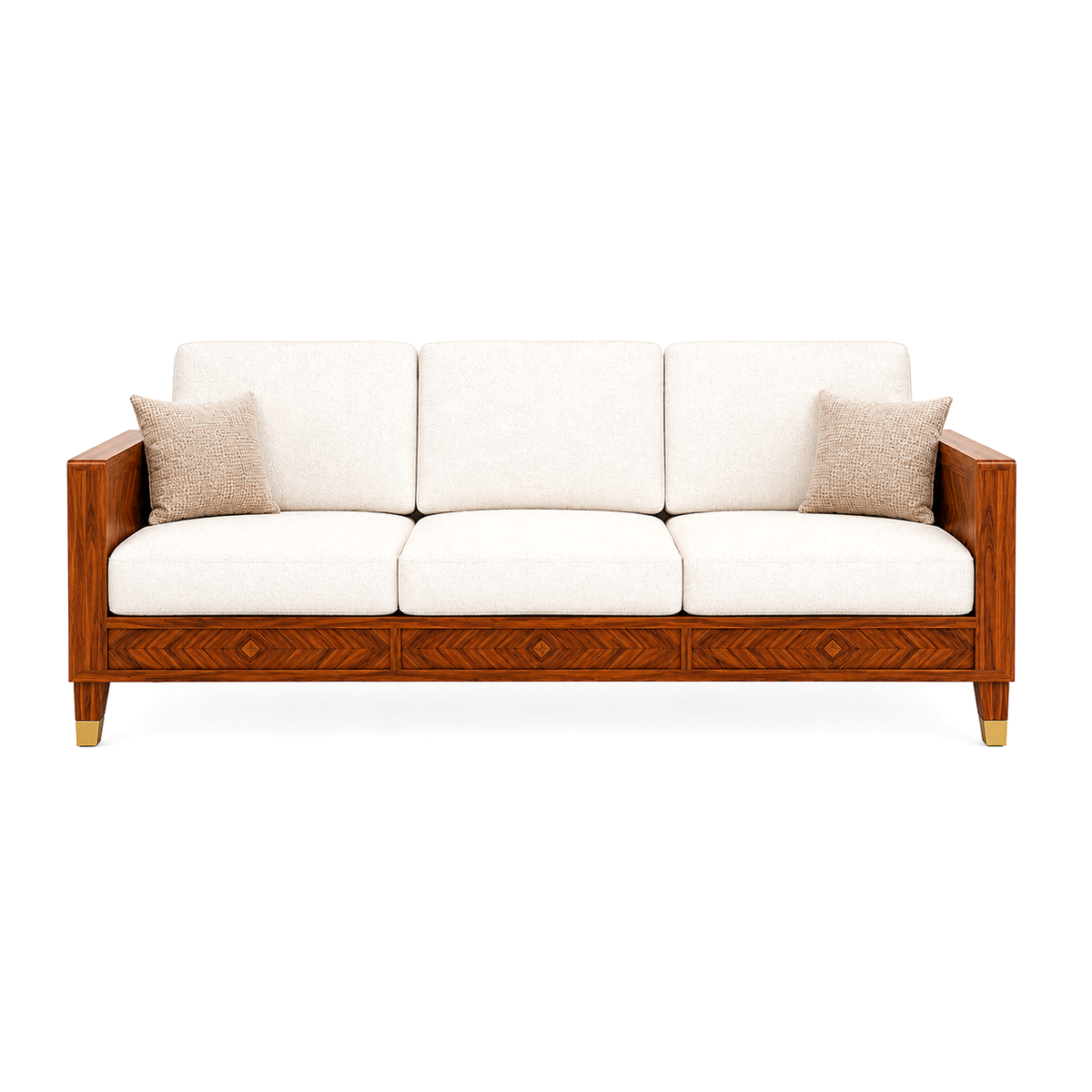 Wooden Rattan Sofa Set with Coffee Table and Upholstered Cushions
