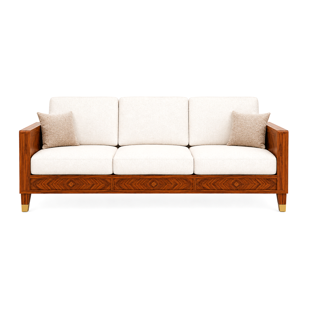 Wooden Rattan Sofa Set with Coffee Table and Upholstered Cushions
