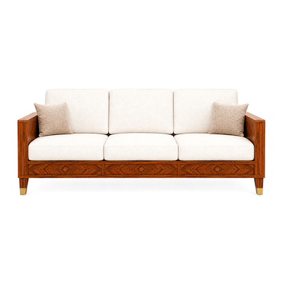 Wooden Rattan Sofa Set with Coffee Table and Upholstered Cushions
