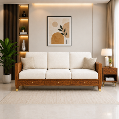 Wooden Rattan Sofa Set with Coffee Table and Upholstered Cushions
